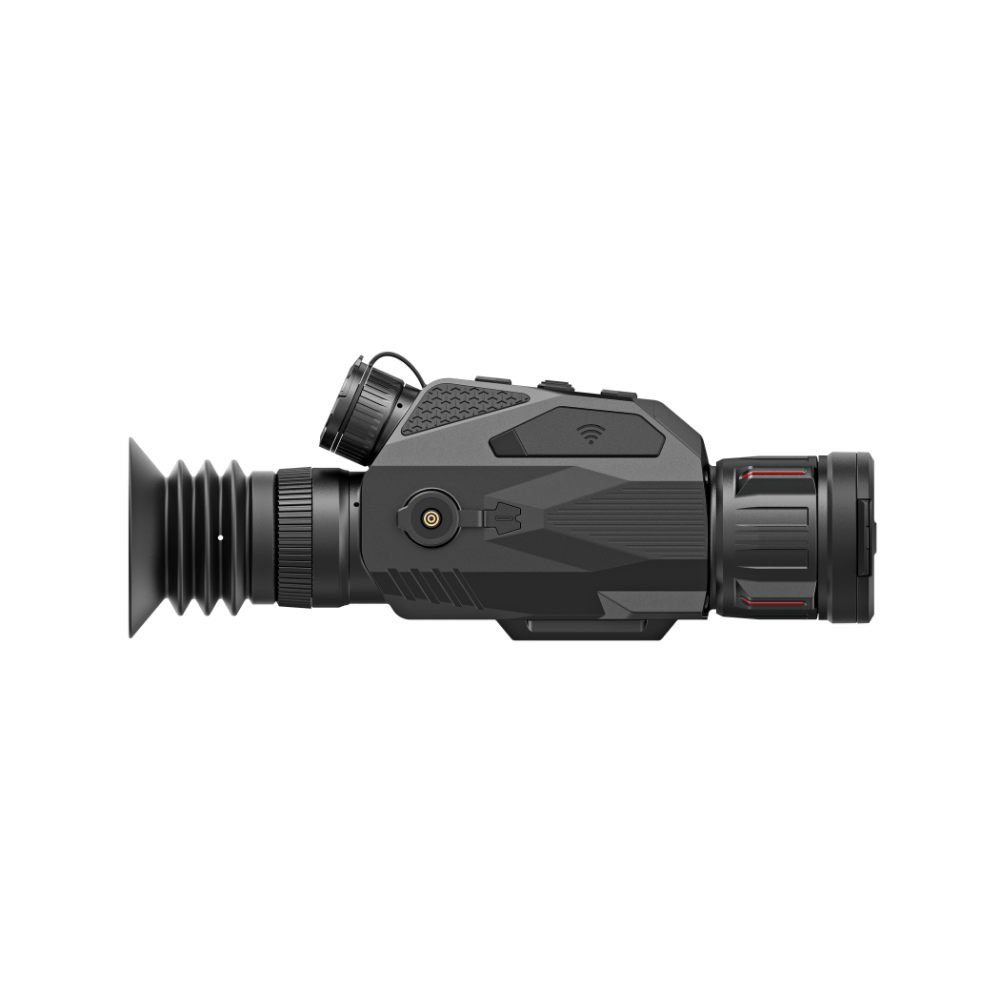 A black thermal monocular with a red and white Nocpix logo on the side, shown from the side angle.