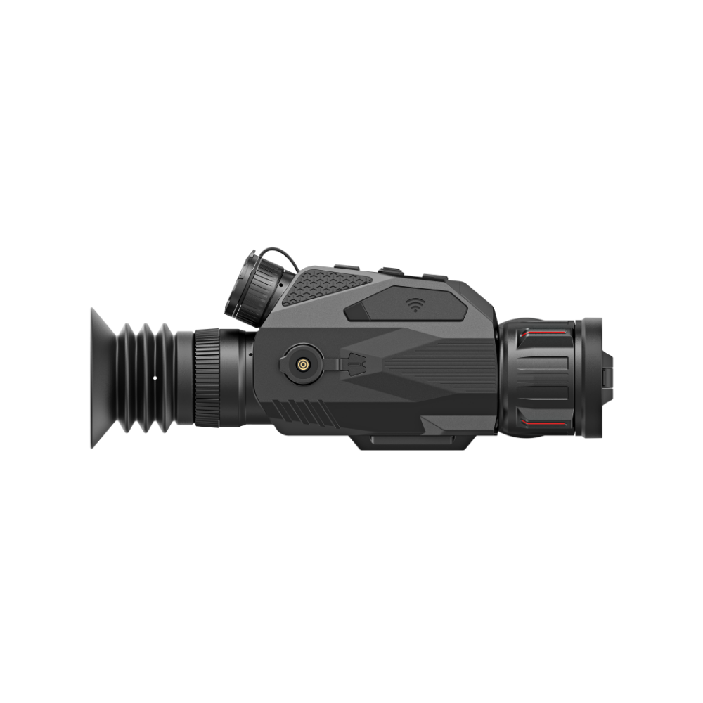 A black thermal monocular with a red and white Nocpix logo on the side, shown from the side angle.