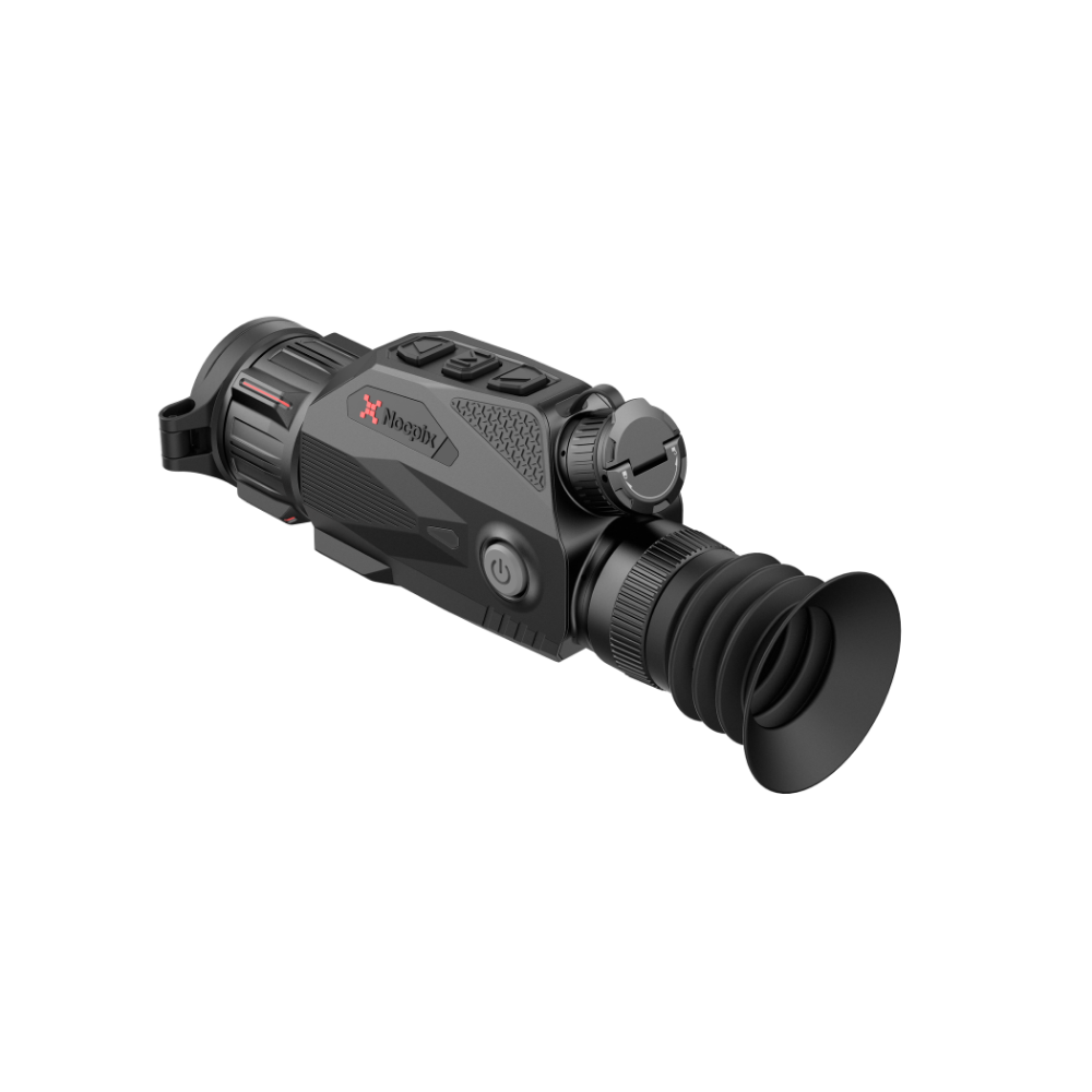 A black thermal rifle scope with a ribbed rubber eyepiece, featuring the red and white Nocpix logo on the side.