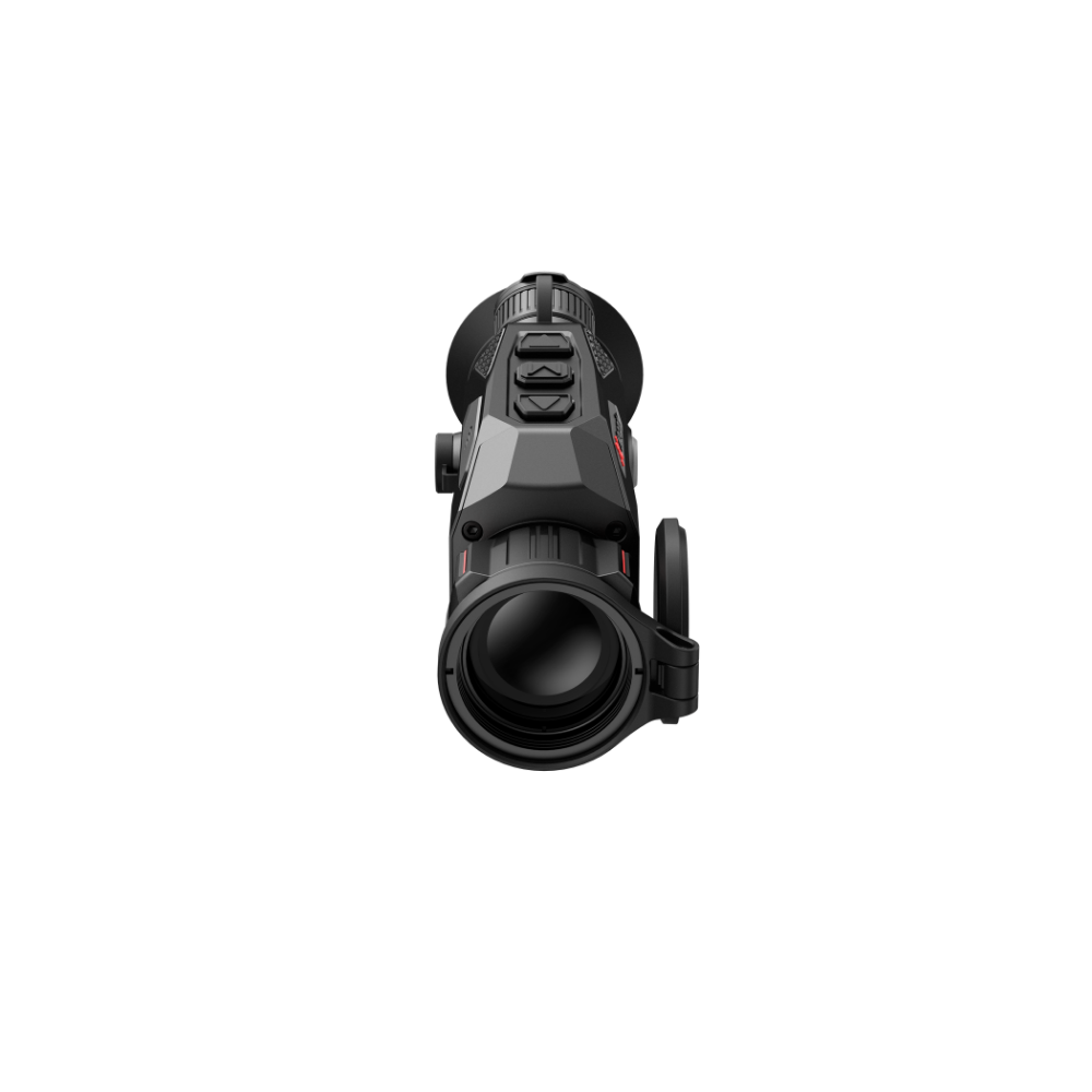 A black thermal rifle scope with a large objective lens, top control buttons, and a side adjustment knob.