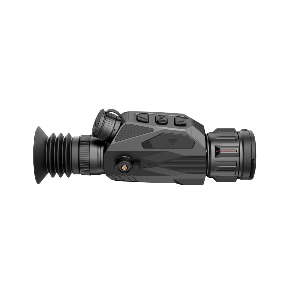 A black thermal monocular with a red and white Nocpix logo on the side, shown from the side angle.