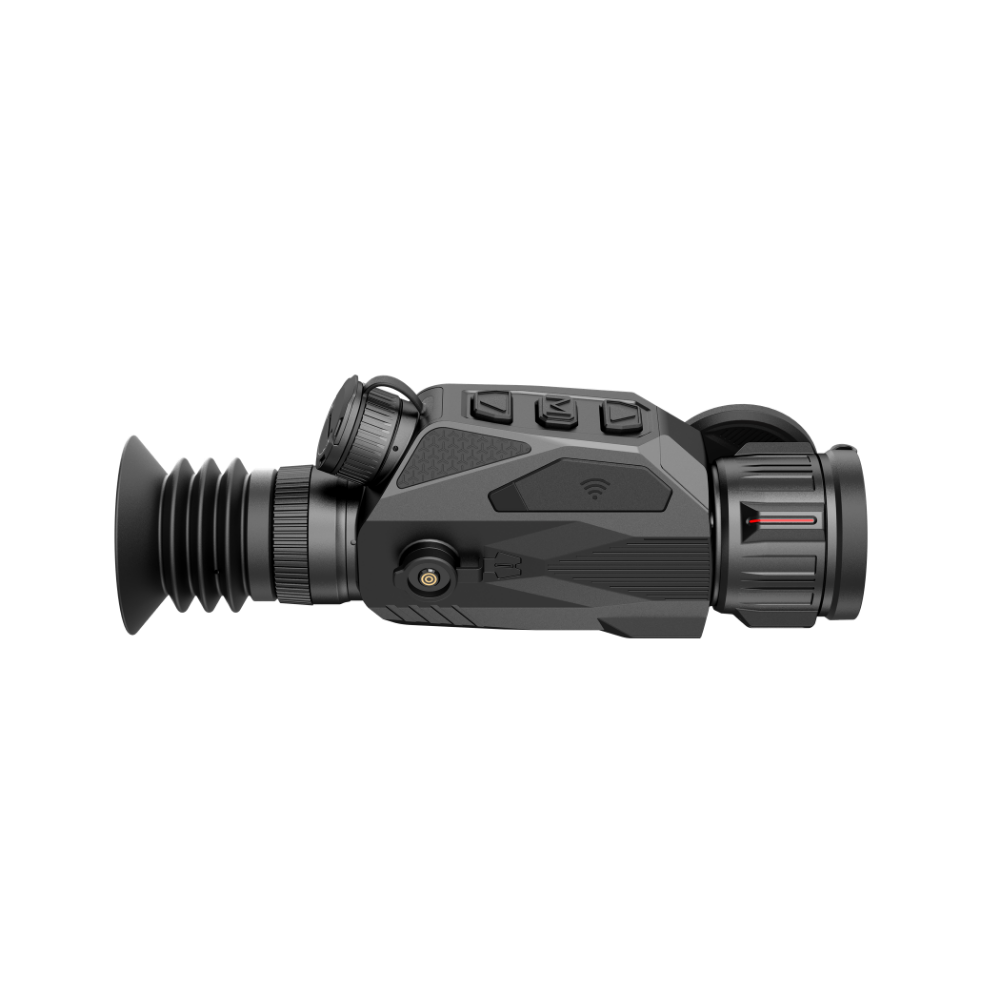 A black thermal monocular with a red and white Nocpix logo on the side, shown from the side angle.