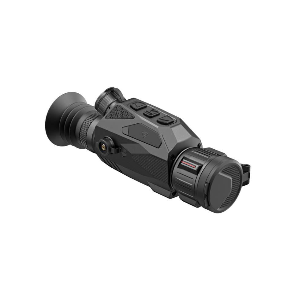 A black thermal rifle scope with a ribbed eyepiece and control buttons on top, shown at an angle