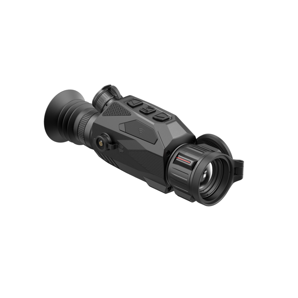 A black thermal rifle scope shown at an angle.