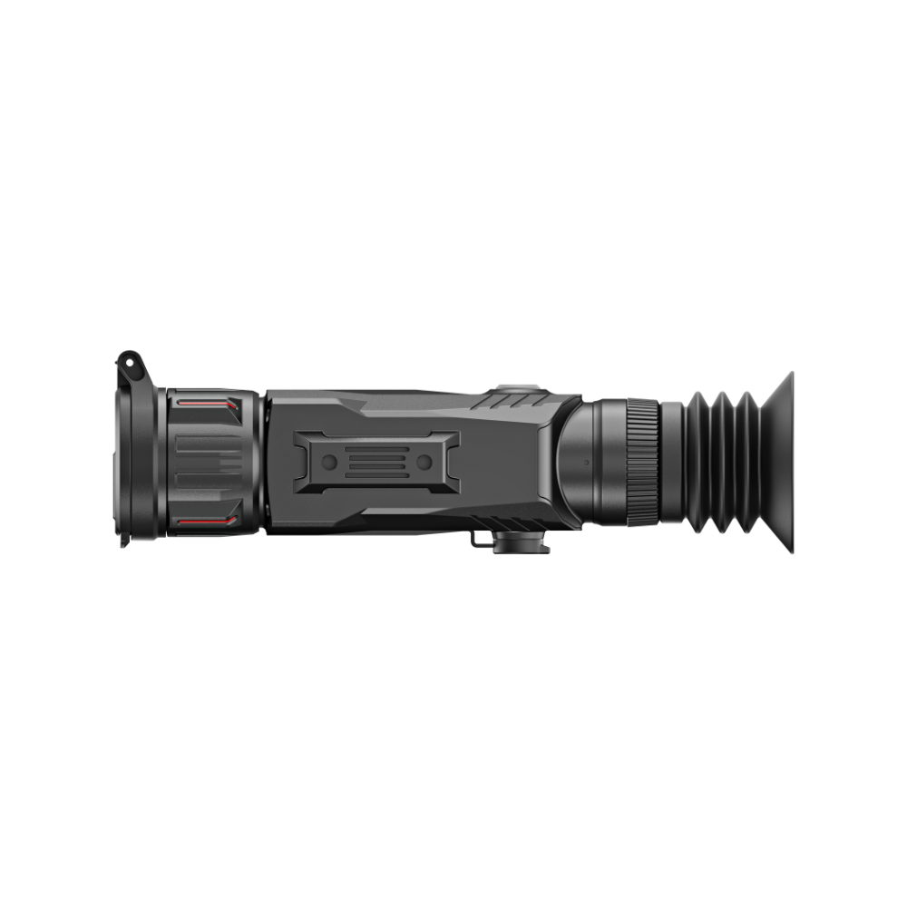 A black tactical rifle scope device shown in profile against.