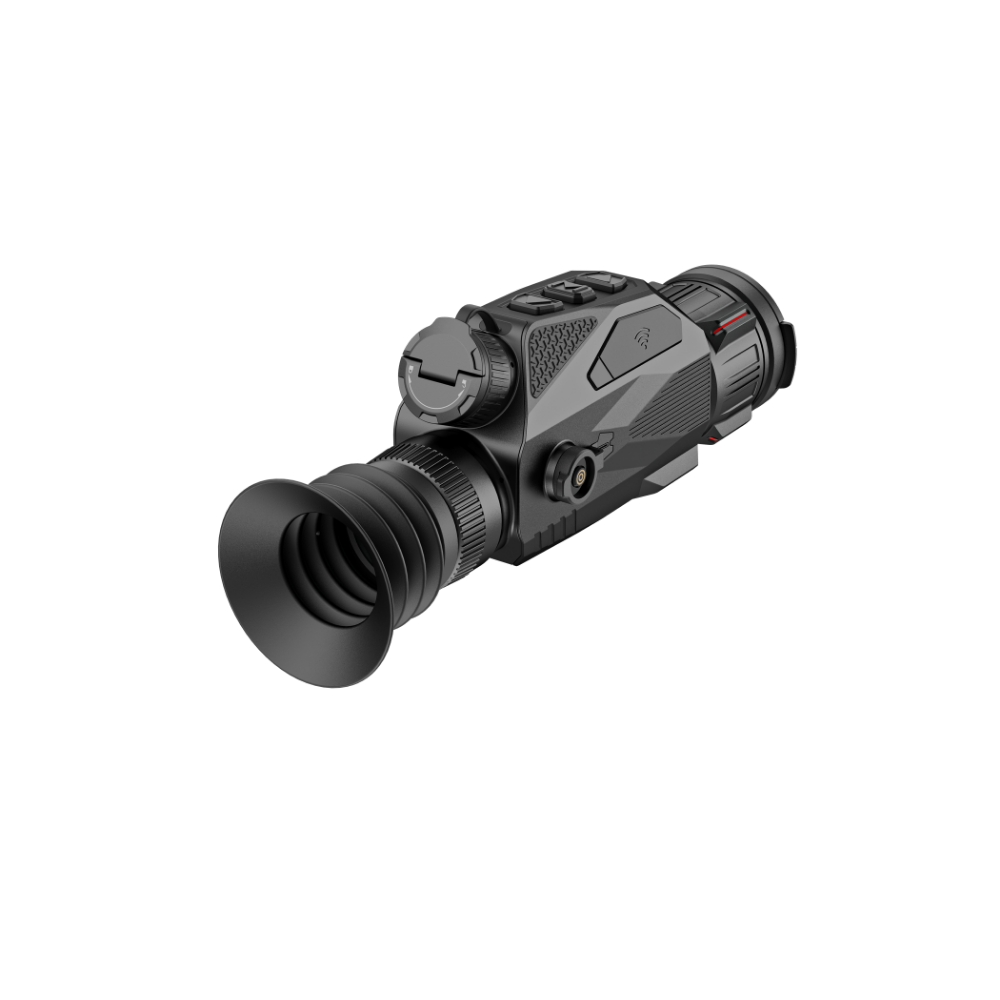 A black thermal rifle scope with an attached eyepiece, shown at a three-quarter angle