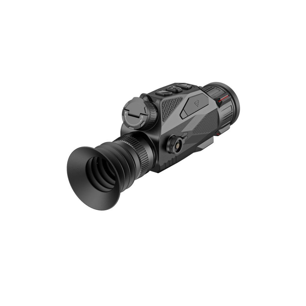 A black thermal rifle scope with a large eyepiece lens, shown at an angle.