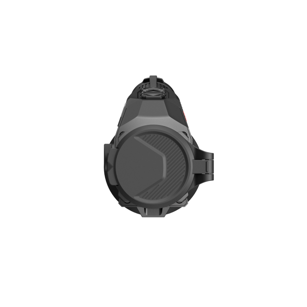 A black thermal monocular with a red and white Nocpix logo on the side, shown at a front angle.