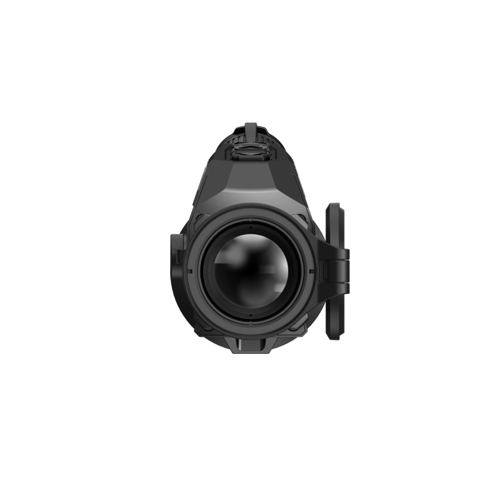 A top-down view of a black thermal rifle scope.