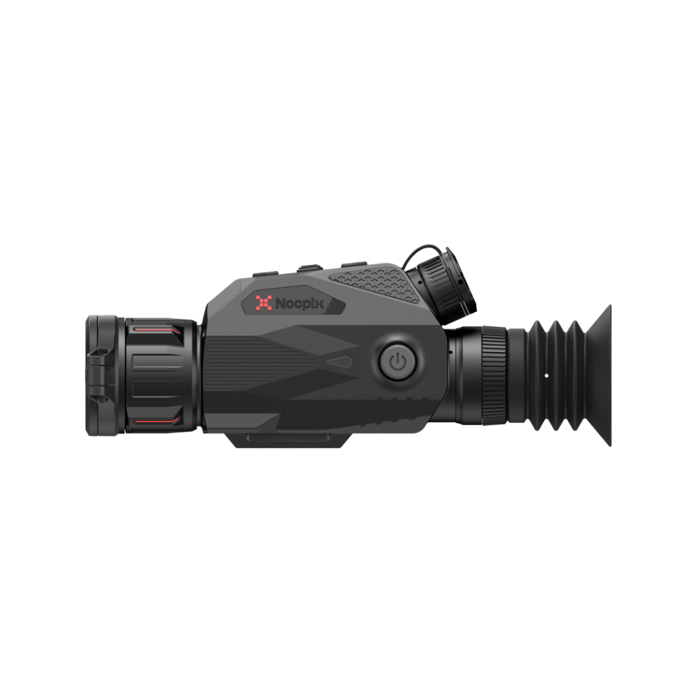 A Nocpix thermal rifle scope shown in a side profile view. The device is primarily dark gray with black accents and a small red brand logo.