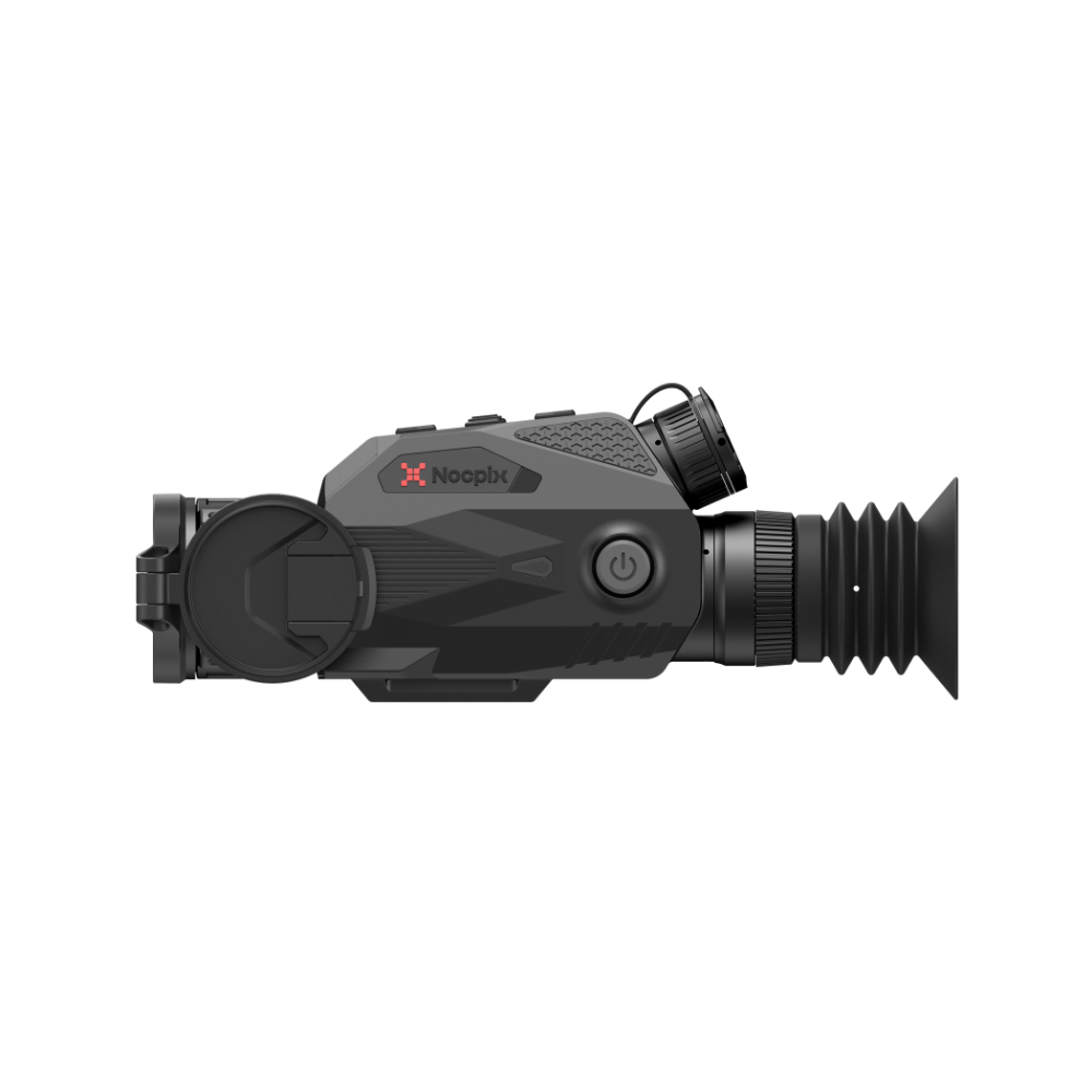A Nocpix thermal rifle scope shown in a side profile view. The device is primarily black, featuring a textured grip, a red Nocpix logo on the side, and a large objective lens with a flexible bellows tube extending to the right.
