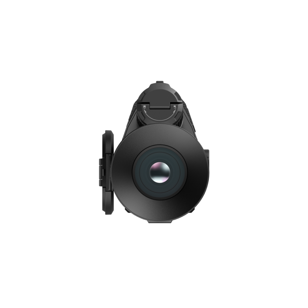 A black thermal monocular with a red and white Nocpix logo on the side, shown from the front angle.