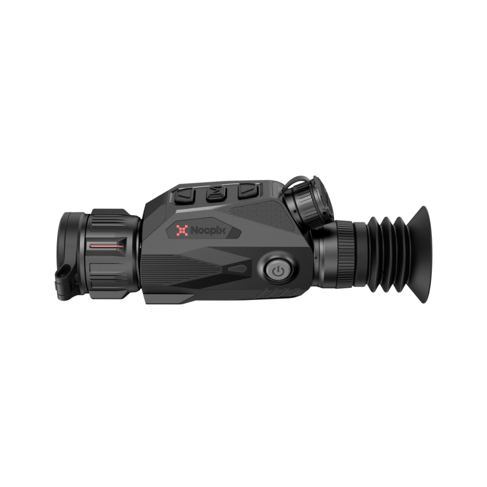A black thermal monocular with a red and white Nocpix logo on the side, shown from the side angle.