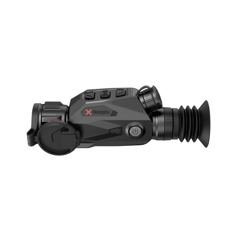 A black Nocpix thermal rifle scope with a rubber eyepiece and a detached lens cover, shown from a side profile.