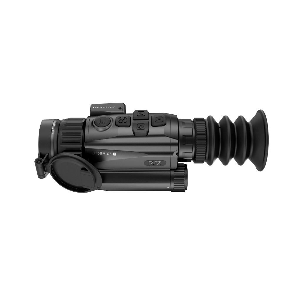 A black Rix thermal imaging scope with a textured eyepiece and control buttons, shown at an angle.