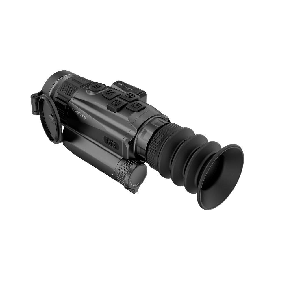 A black Rix thermal imaging scope with a textured eyepiece and control buttons, shown at an angle.