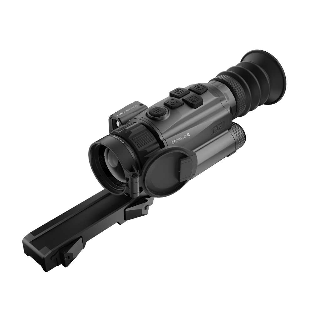 A black Rix thermal imaging scope with a textured eyepiece and control buttons, shown at an angle.