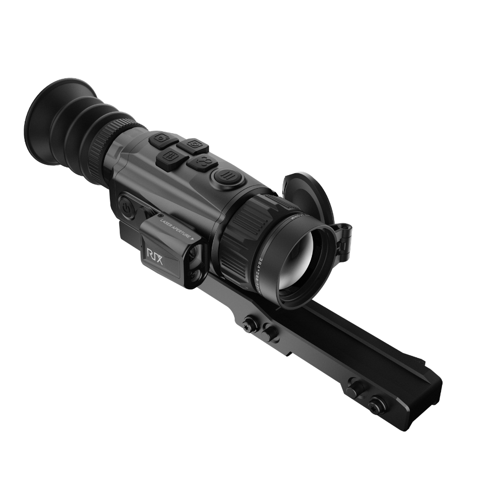 A black Rix thermal imaging scope with a textured eyepiece and control buttons, shown at an angle.
