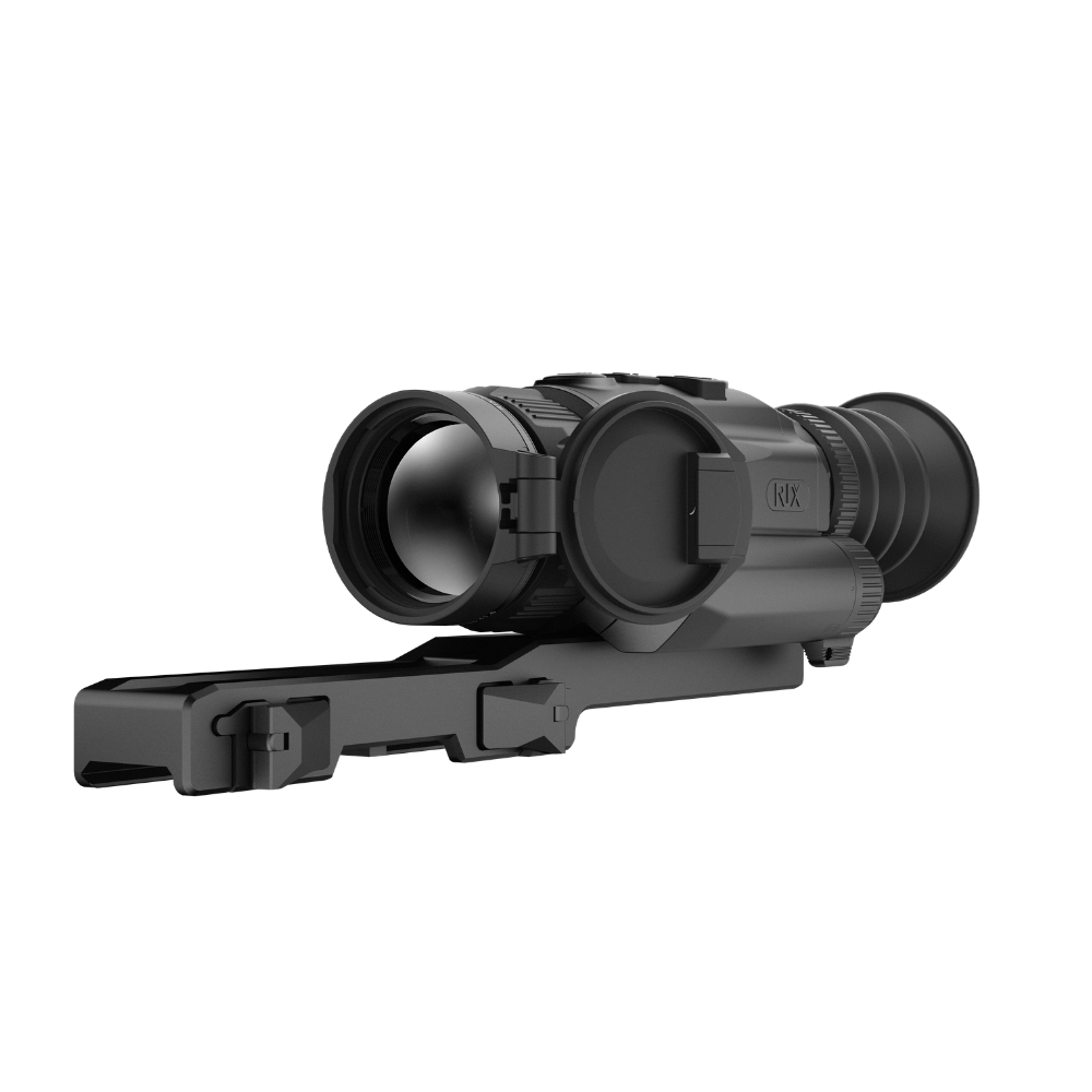 A black Rix thermal imaging scope with a textured eyepiece and control buttons, shown at an angle.