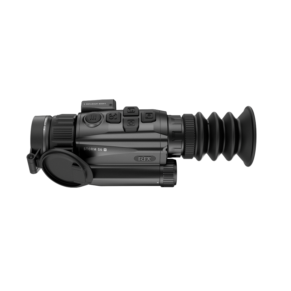 A black Rix thermal imaging scope with a textured eyepiece and control buttons, shown at an angle.