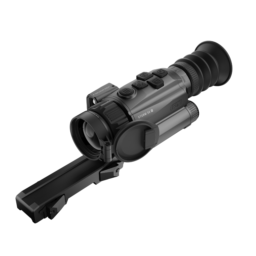 A black Rix thermal imaging scope with a textured eyepiece and control buttons, shown at an angle.