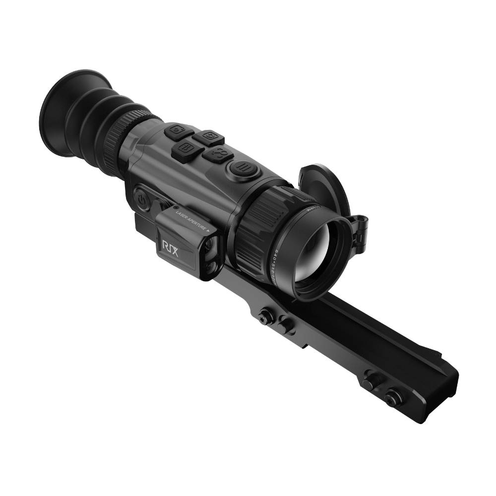 A black Rix thermal imaging scope with a textured eyepiece and control buttons, shown at an angle.