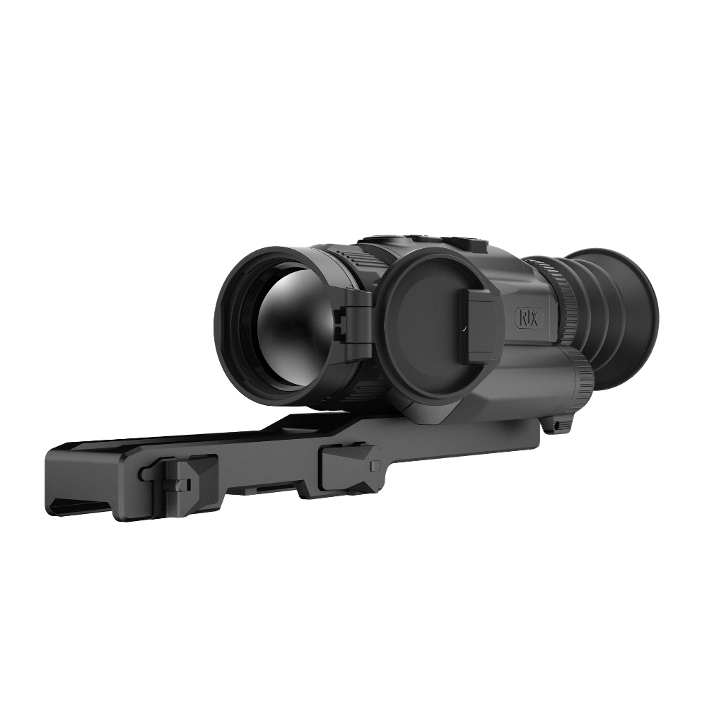 A black Rix thermal imaging scope with a textured eyepiece and control buttons, shown at an angle.