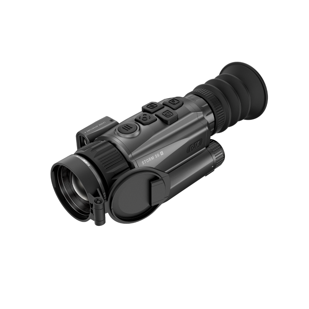 A black Rix thermal imaging scope with a textured eyepiece and control buttons, shown at an angle.