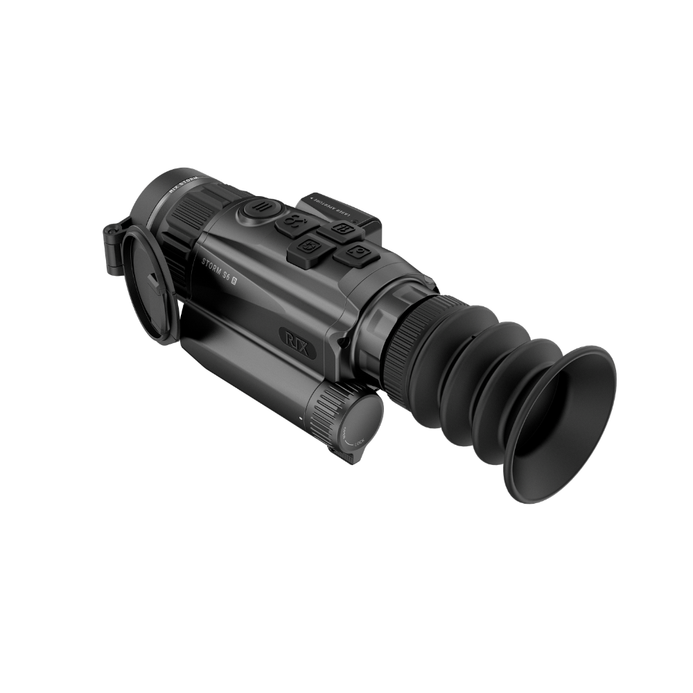 A black Rix thermal imaging scope with a textured eyepiece and control buttons, shown at an angle.