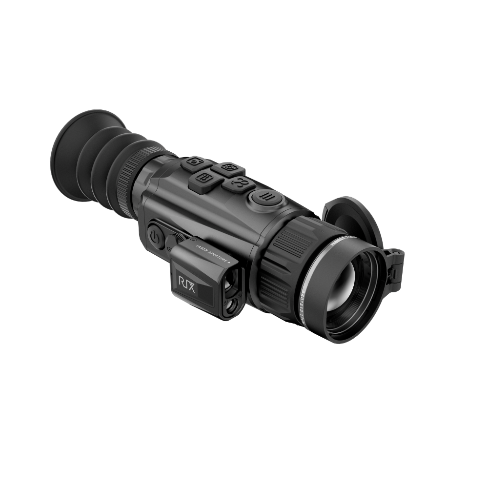 A black Rix thermal imaging scope with a textured eyepiece and control buttons, shown at an angle.