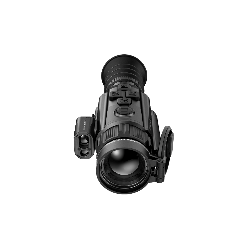 A black Rix thermal imaging scope with a textured eyepiece and control buttons, shown at an angle.