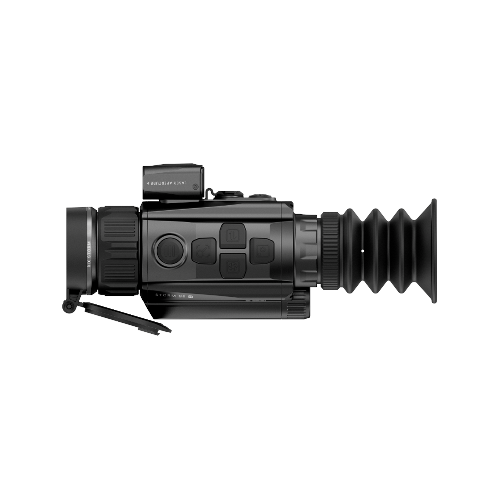 A black Rix thermal imaging scope with a textured eyepiece and control buttons, shown at an angle.