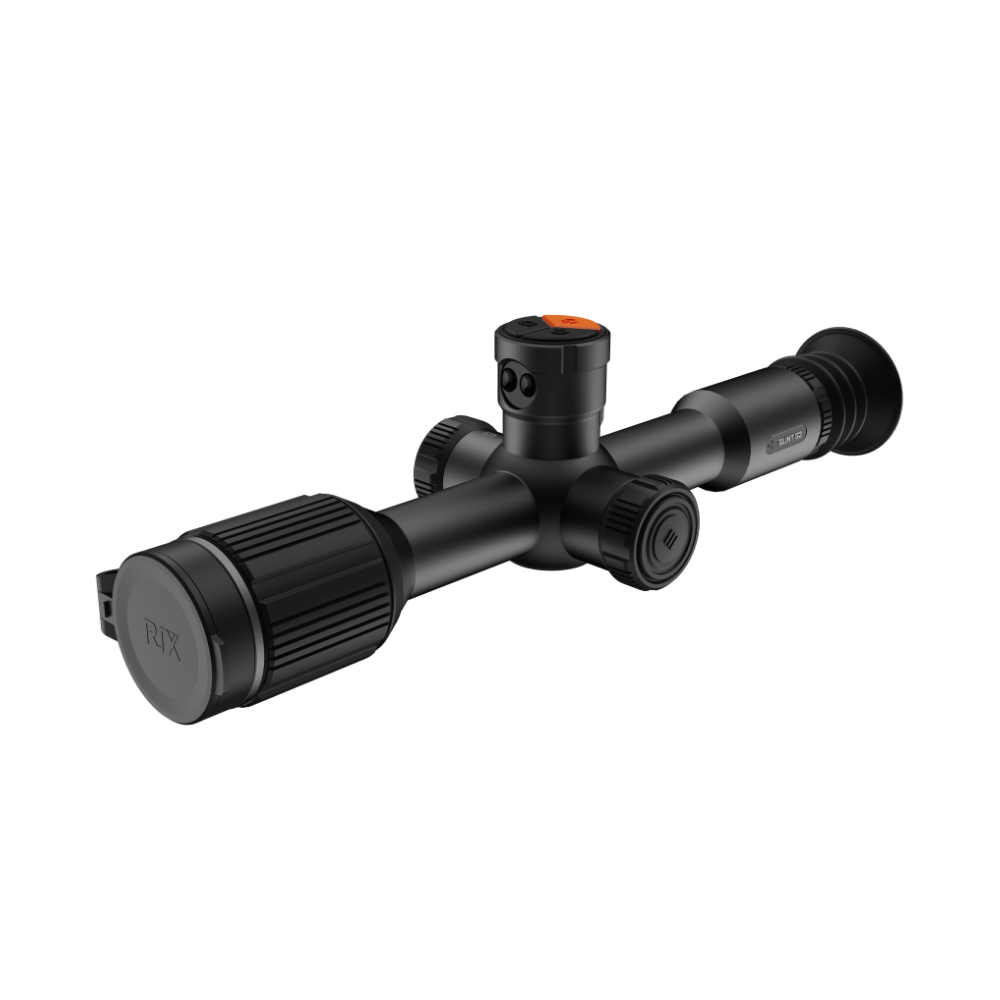 A black thermal scope with adjustment knobs, shown at an angle.
