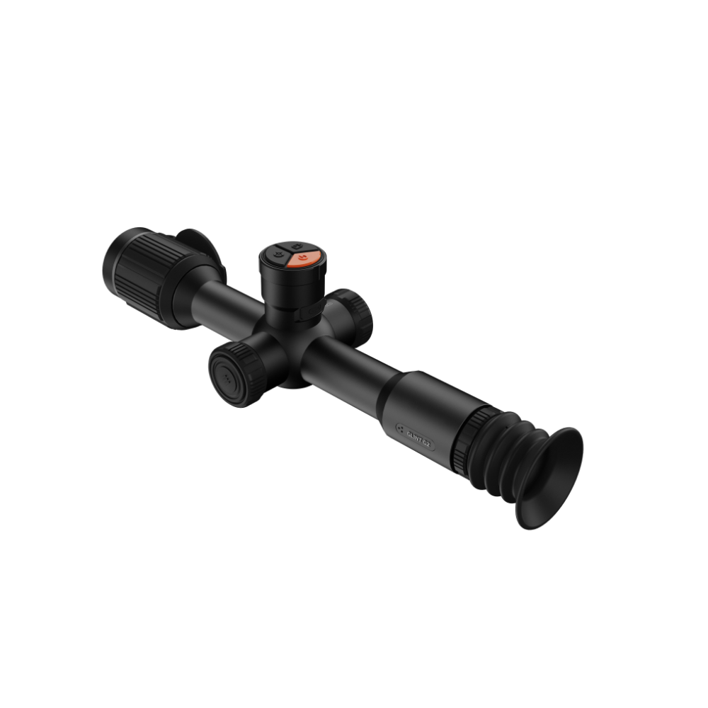 A black thermal scope with adjustment knobs, shown at an angle.