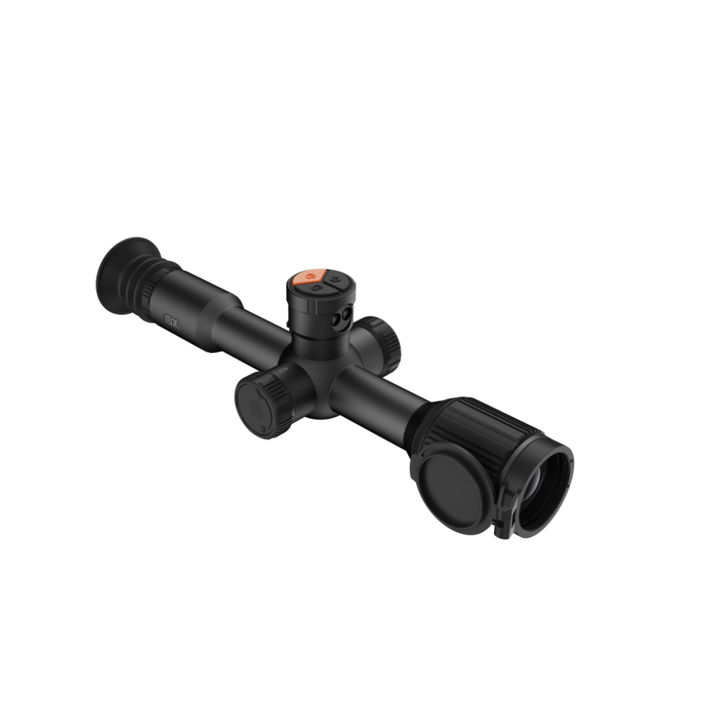 A black thermal scope with adjustment knobs, shown at an angle.