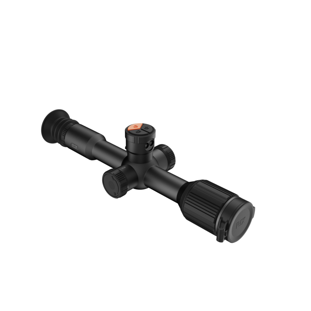 A black thermal scope with adjustment knobs, shown at an angle.