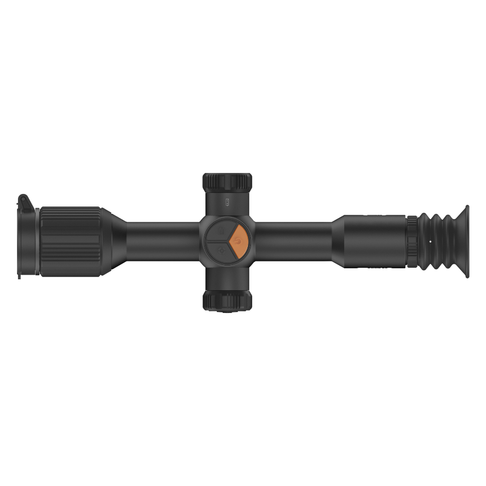 A black thermal scope with adjustment knobs, shown at an angle.
