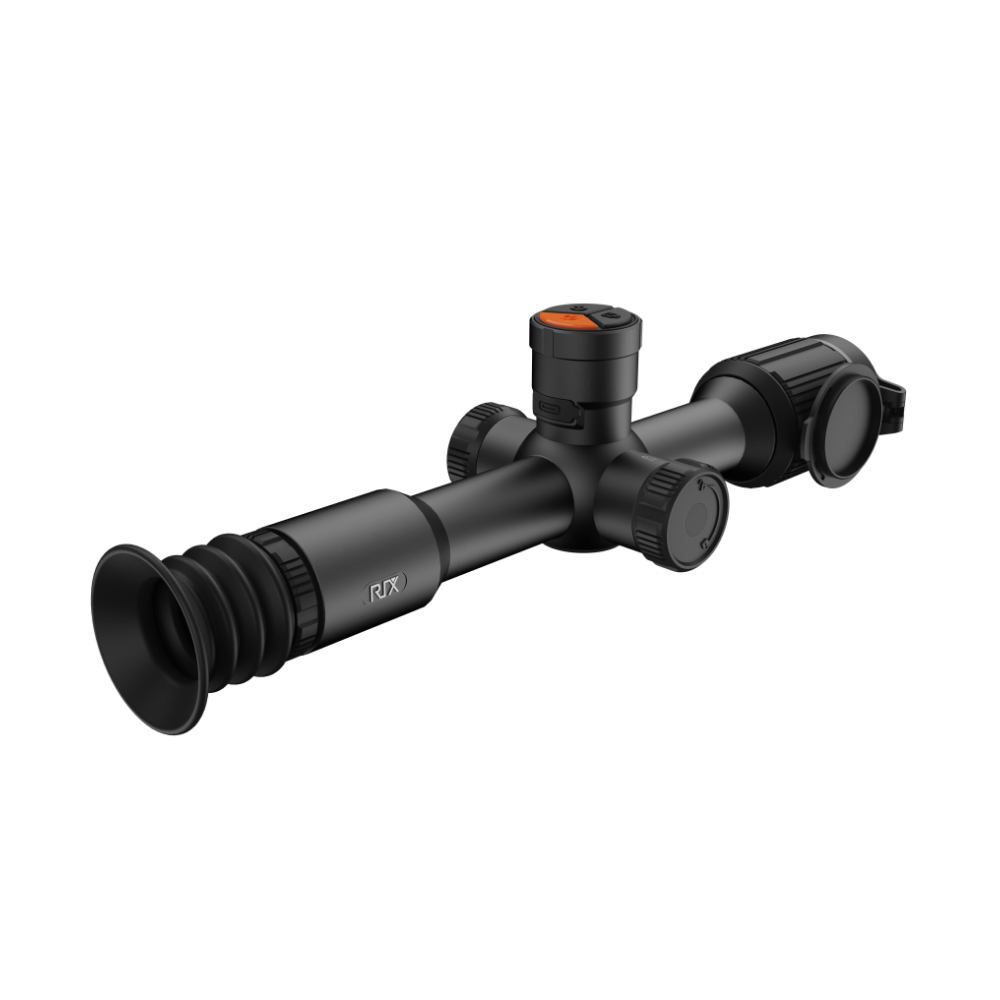 A black thermal scope with adjustment knobs, shown at an angle.