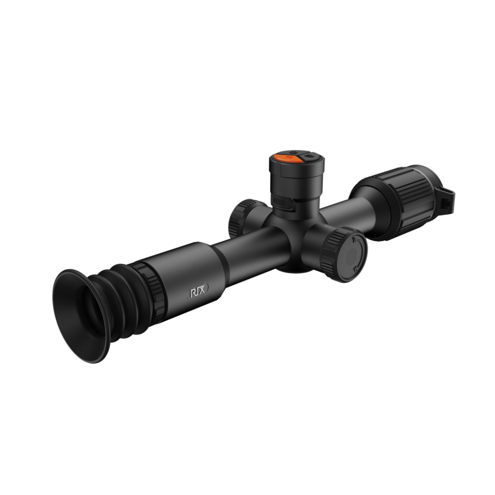 A black thermal scope with adjustment knobs, shown at an angle.