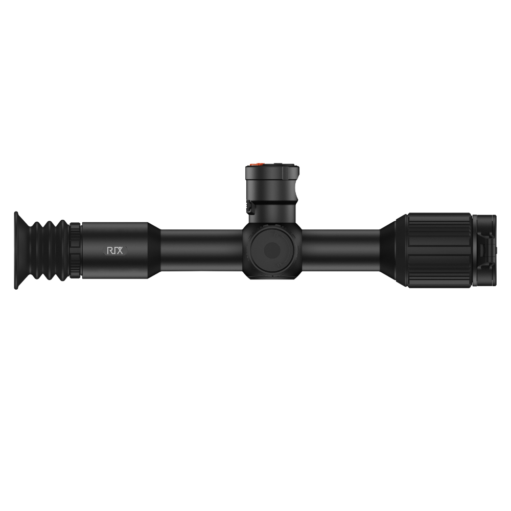 A black thermal scope with adjustment knobs, shown at an angle.