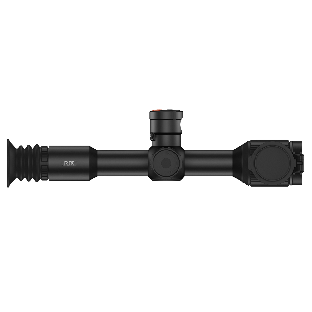 A black thermal scope with adjustment knobs, shown at an angle.