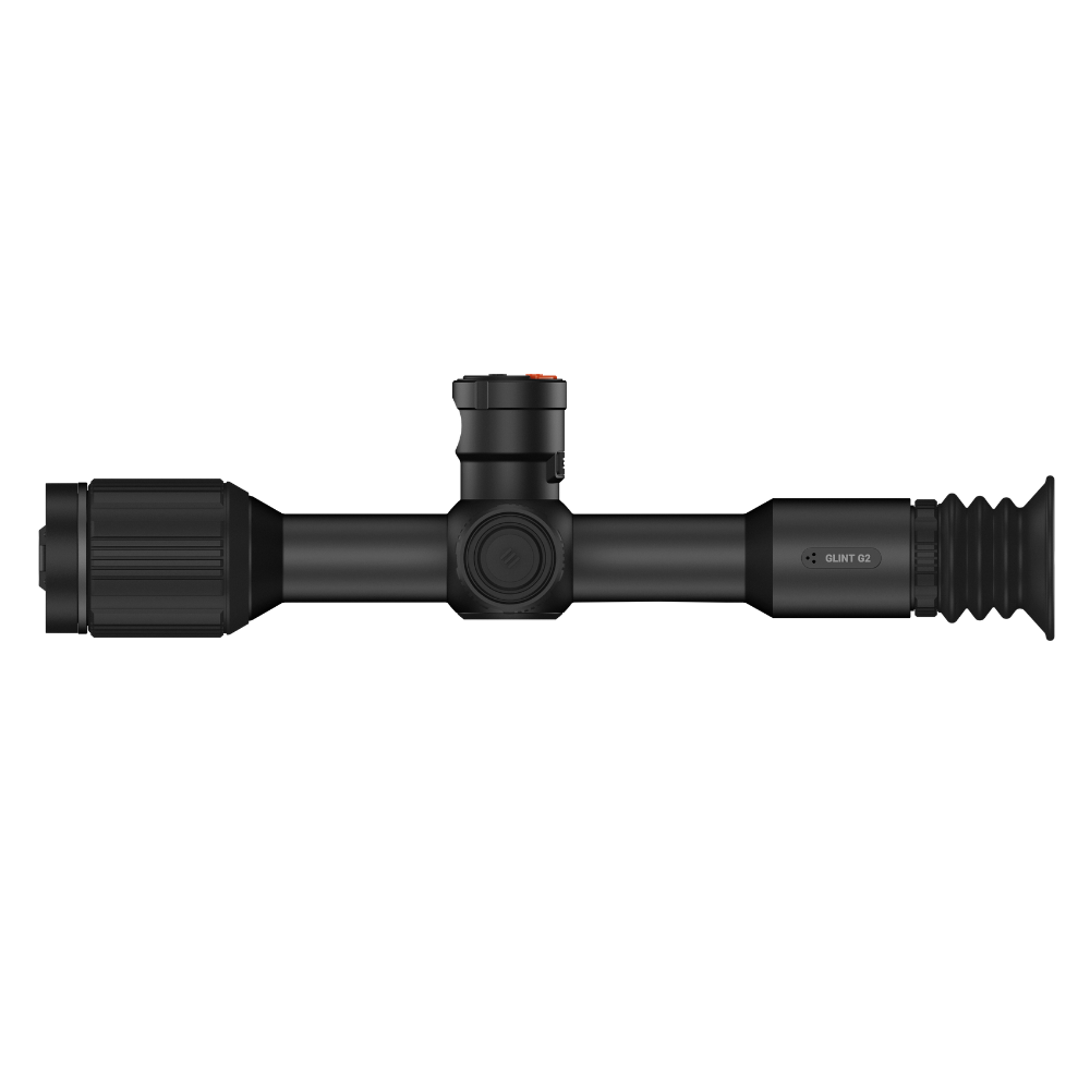 A black thermal scope with adjustment knobs, shown at an angle.