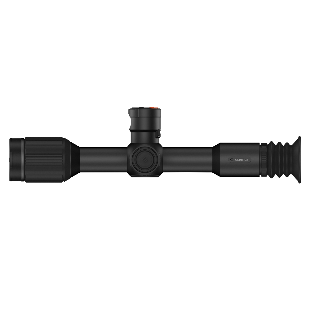 A black thermal scope with adjustment knobs, shown at an angle.