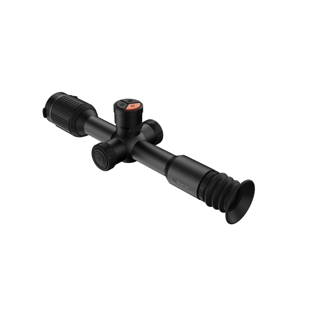 A black thermal scope with adjustment knobs, shown at an angle.
