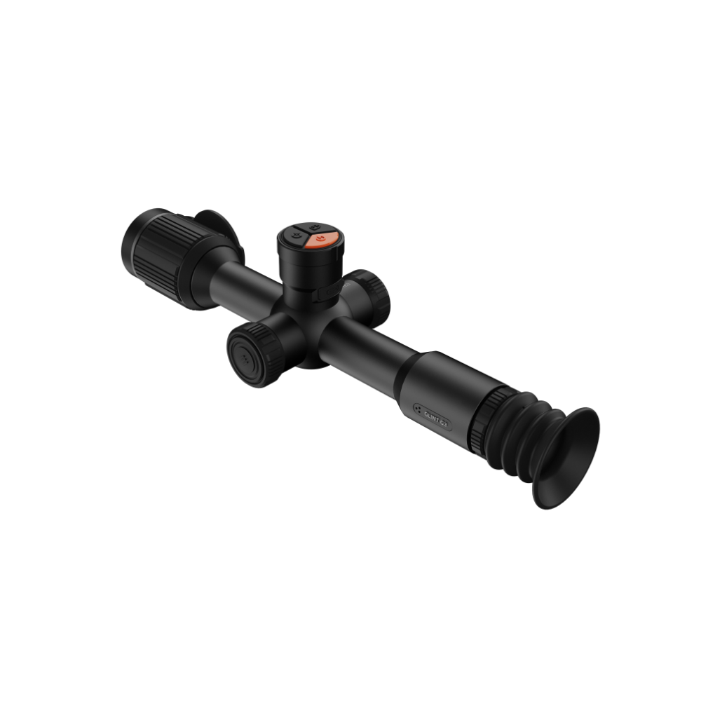 A black thermal scope with adjustment knobs, shown at an angle.
