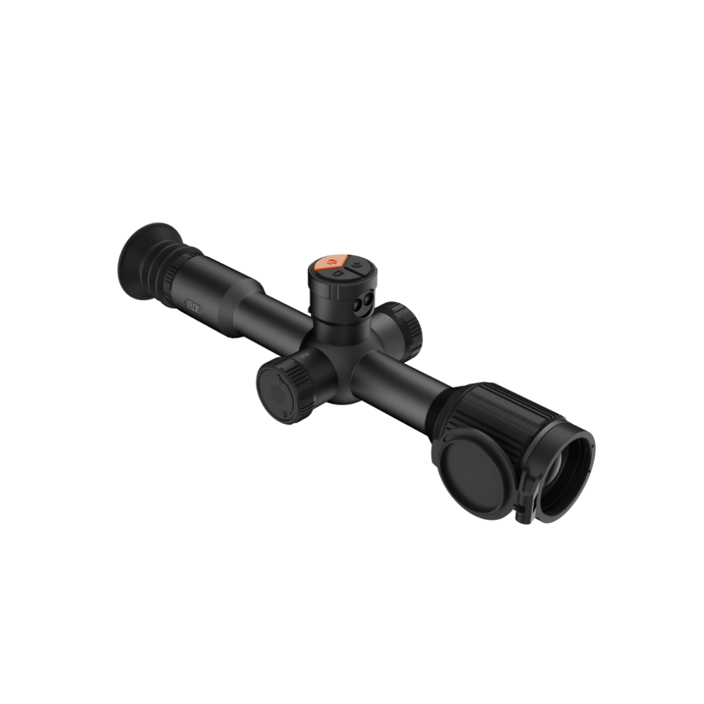 A black thermal scope with adjustment knobs, shown at an angle.