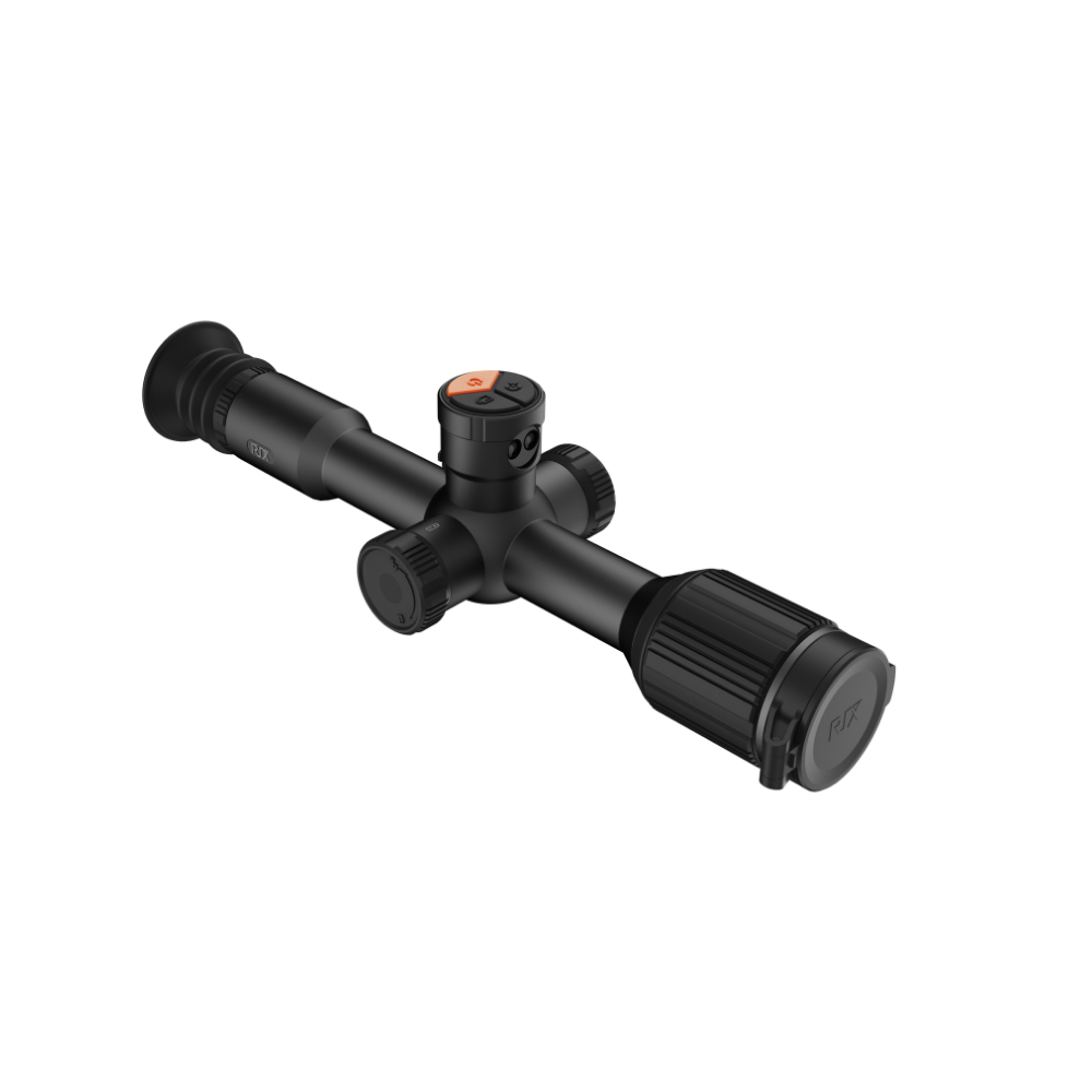A black thermal scope with adjustment knobs, shown at an angle.