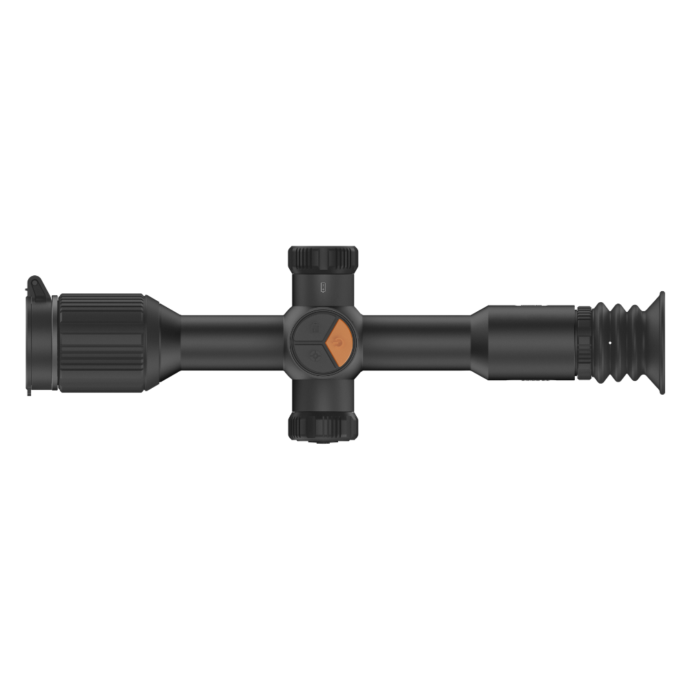 A black thermal scope with adjustment knobs, shown at an angle.
