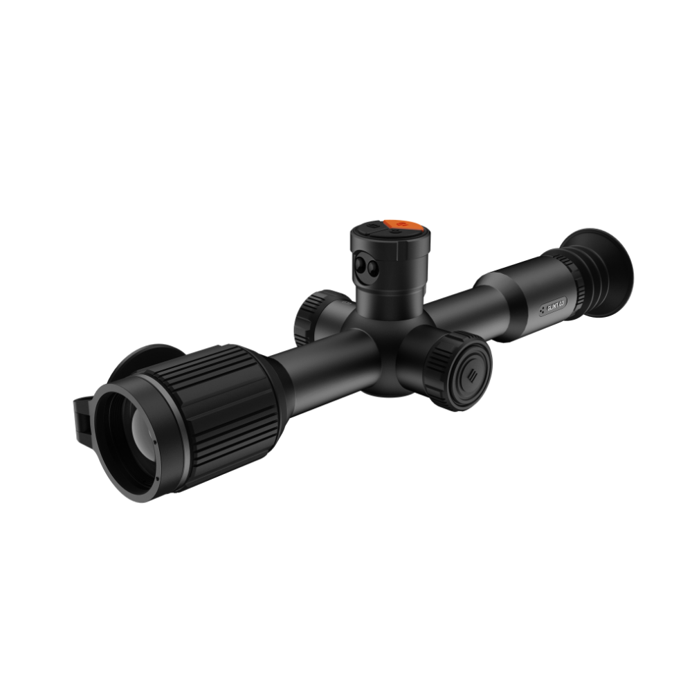 A black thermal scope with adjustment knobs, shown at an angle.