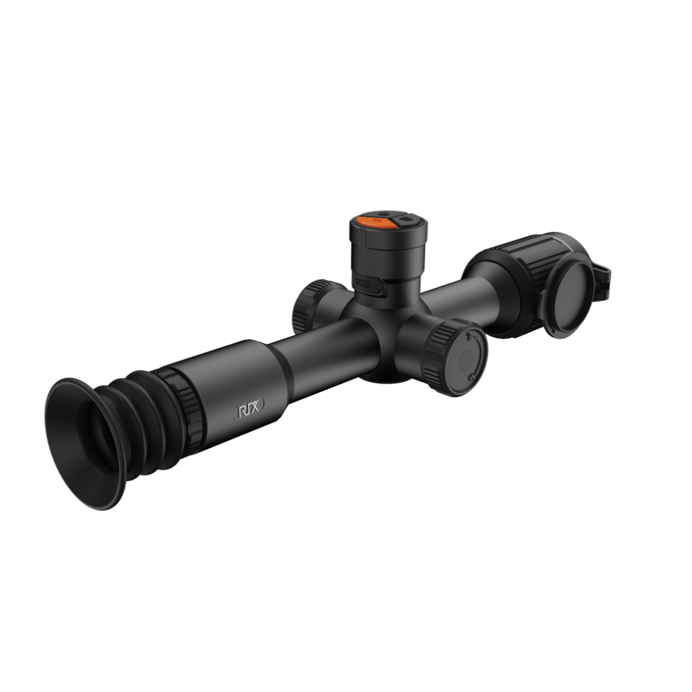 A black thermal scope with adjustment knobs, shown at an angle.